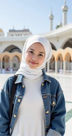 A very beautiful Asian woman in soft white clothes with an elegant white hijab, combine a black denim jacket with a maxi dress and a denim hijab, for a more stylish OOTD look, a hijab jeans jacket, a charming smiling face, bright natural lighting as a backdrop, a view of the Kabbah Hajar Aswad city Mecca