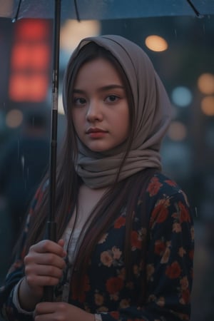 An amazing lady in a hijab, with a perfect body, dewy skin, with defined eyebrows, subtle eyeshadow, detailed eyes and lips, holding an umbrella, standing in the rain, cinematic lighting, moody dramatic atmosphere, bright colours, photorealistic, 8k, concept art, highly detailed.

