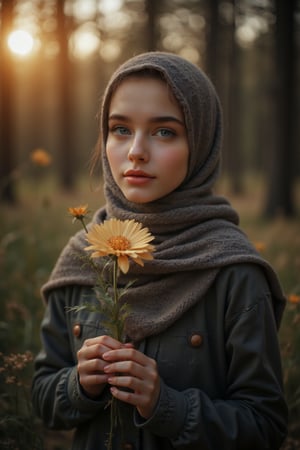 Portrait of a Caucasian  hijab beautiful girl holding the most delicate flower, blured forest background, morning sunrise, 8k