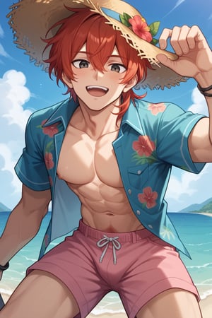 Prompt: Prompt: score_8_up, score_7_up, Expressiveh, masterpiece, best quality, best aesthetics, perfect anatomy, perfect proportions, high resolution, good colors, bright skin, good shading, good eyes, countershading, well detailed background, BREAK, male focus, 1boy, diluc, red hair, black eyes, mole under eye, BREAK, 1boy, hat, viewed from below, open mouth, outdoors, pink shorts, hawaiian shirt smile, open shirt, looking at viewer, navel, day, blue shorts, :d, straw hat, male pubic hair, toned male, leaning forward, ocean, leather bracelet, blush, sky, cowboy shot, 