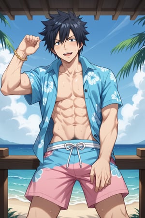 Prompt: Prompt: score_8_up, score_7_up, Expressiveh, masterpiece, best quality, best aesthetics, perfect anatomy, perfect proportions, high resolution, good colors, bright skin, good shading, good eyes, countershading, well detailed background, BREAK, male focus, 1boy, Gray_Fullbuster, dark blue hair, black eyes, mole under eye, BREAK, 1boy, hat, viewed from below, open mouth, outdoors, pink shorts, hawaiian shirt smile, open shirt, looking at viewer, navel, day, blue shorts, :d, male pubic hair, toned male, leaning forward, ocean, leather bracelet, blush, sky, cowboy shot, sweating, two thick armpit hair,