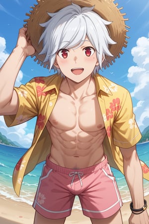 Prompt: Prompt: score_8_up, score_7_up, Expressiveh, masterpiece, best quality, best aesthetics, perfect anatomy, perfect proportions, high resolution, good colors, bright skin, good shading, good eyes, countershading, well detailed background, BREAK, male focus, 1boy, bell_cranel, white hair, red eyes, mole under eye, BREAK, 1boy, hat, viewed from below, open mouth, outdoors, pink shorts, hawaiian shirt smile, open shirt, looking at viewer, navel, day, blue shorts, :d, straw hat, male pubic hair, toned male, leaning forward, ocean, leather bracelet, blush, sky, cowboy shot, 