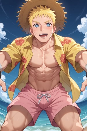 Prompt: Prompt: score_8_up, score_7_up, Expressiveh, masterpiece, best quality, best aesthetics, perfect anatomy, perfect proportions, high resolution, good colors, bright skin, good shading, good eyes, countershading, well detailed background, BREAK, male focus, 1boy, Naruto, yellow hair, black eyes, mole under eye, BREAK, 1boy, hat, viewed from below, open mouth, outdoors, pink shorts, hawaiian shirt smile, open shirt, looking at viewer, navel, night, blue shorts, :d, straw hat, male pubic hair, toned male, leaning forward, ocean, leather bracelet, blush, sky, cowboy shot, 