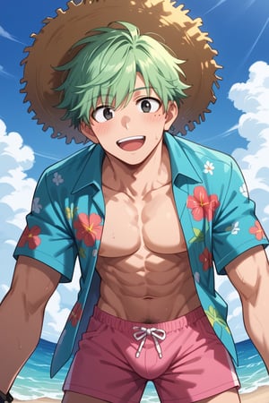 Prompt: Prompt: score_8_up, score_7_up, Expressiveh, masterpiece, best quality, best aesthetics, perfect anatomy, perfect proportions, high resolution, good colors, bright skin, good shading, good eyes, countershading, well detailed background, BREAK, male focus, 1boy, midoriya, green hair, black eyes, mole under eye, BREAK, 1boy, hat, viewed from below, open mouth, outdoors, pink shorts, hawaiian shirt smile, open shirt, looking at viewer, navel, day, blue shorts, :d, straw hat, male pubic hair, toned male, leaning forward, ocean, leather bracelet, blush, sky, cowboy shot, 