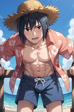 Prompt: Prompt: score_8_up, score_7_up, Expressiveh, masterpiece, best quality, best aesthetics, perfect anatomy, perfect proportions, high resolution, good colors, bright skin, good shading, good eyes, countershading, well detailed background, BREAK, male focus, 1boy, Sasuke, black hair, black eyes, mole under eye, BREAK, 1boy, hat, viewed from below, open mouth, outdoors, pink shorts, hawaiian shirt smile, open shirt, looking at viewer, navel, day, blue shorts, :d, straw hat, male pubic hair, toned male, leaning forward, ocean, leather bracelet, blush, sky, cowboy shot, 