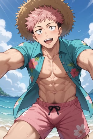 Prompt: Prompt: score_8_up, score_7_up, Expressiveh, masterpiece, best quality, best aesthetics, perfect anatomy, perfect proportions, high resolution, good colors, bright skin, good shading, good eyes, countershading, well detailed background, BREAK, male focus, 1boy, yuuji_itadori, pink hair, black eyes, mole under eye, BREAK, 1boy, hat, viewed from below, open mouth, outdoors, pink shorts, hawaiian shirt smile, open shirt, looking at viewer, navel, day, blue shorts, :d, straw hat, male pubic hair, toned male, leaning forward, ocean, leather bracelet, blush, sky, cowboy shot, sweating, two thick armpit hair,