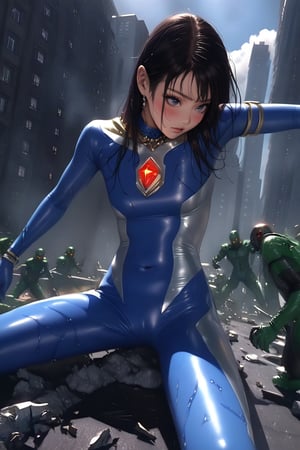 ultragirl tms-21, blue bodysuit with silver patterns, black hair, human face, highheels, beautiful long leg, perfect body, giantess, debris, navel, shiny, colored skin, latex, skin tight, heroine, defeat, beaten, crushed, be attacked, loser, wince, tears, high_res, open mouth, wet, wet clothes, frown, choke, interspecies, monster, alien, enemy attack, buildings, close up