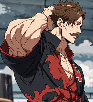 score_9,1boy, men, solo, upper body, focus male,short hair,  17 years old, dark brown hair, straight hair, baggy eyes , muscle body, red eyes, Beautiful eyes, defined body, dark colors, kimono, hayato gokudera, moustache, big muscles, akatsuki coat, black cloths with red clouds, akatsuki cloths, top of clothes destroyed, showing his muscles, posing muscles