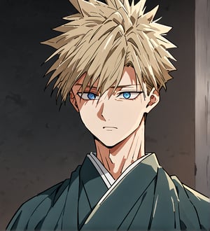 score_9,1boy, men, solo, upper body, focus male,short hair,  17 years old, dark blonde hair, straight hair, baggy eyes , muscle body, ringed eyes, blue eyes, Beautiful eyes, defined body, dark colors, kimono, hayato gokudera