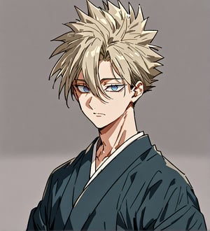 score_9,1boy, men, solo, upper body, focus male,short hair,  17 years old, dark blonde hair, straight hair, baggy eyes , muscle body, ringed eyes, blue eyes, Beautiful eyes, defined body, dark colors, kimono, hayato gokudera