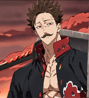 score_9,1boy, men, solo, upper body, focus male,short hair,  dark brown hair, straight hair, baggy eyes , muscle body, red eyes, Beautiful eyes, defined body, dark colors, kimono, hayato gokudera, moustache,  akatsuki coat, black cloths with red clouds, akatsuki cloths, walking