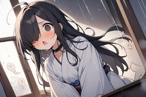 1 little girl, solo, upper body, diagonal angle,
black hair, long hair, ahoge, (hair over one eye:1.2), black eyes, @_@, chestnut mouth, hurry, confused,tears,
choker, white kimono,
ghosts, >_<,
wariza, 
in japanese room, It's raining outside the window,
masterpiece, best quality, very aestheric,