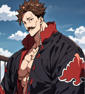 score_9,1boy, men, solo, upper body, focus male,short hair,  17 years old, dark brown hair, straight hair, baggy eyes , muscle body, red eyes, Beautiful eyes, defined body, dark colors, kimono, hayato gokudera, moustache, big muscles, akatsuki coat, black cloths with red clouds, akatsuki cloths,