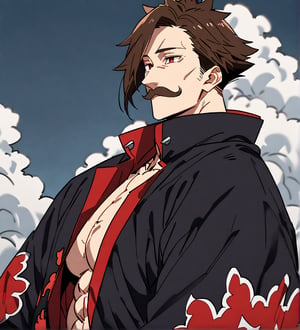 score_9,1boy, men, solo, upper body, focus male,short hair,  17 years old, dark brown hair, straight hair, baggy eyes , muscle body, red eyes, Beautiful eyes, defined body, dark colors, kimono, hayato gokudera, moustache, big muscles, akatsuki coat, black cloths with red clouds, akatsuki cloths,