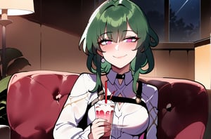 1 girl, solo, Kafka (Honkai Star rail), Honkai Star rail, artist:[Nyantcha], green hair, interior, night, house interior background, living room, home atmosphere, masterpiece, very aesthetic, sitting, relaxed, holding a milkshake, small smile, small blush, looking at viewer, best quality, holding