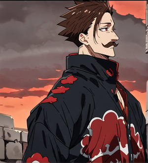 score_9,1boy, men, solo, upper body, focus male,short hair,  dark brown hair, straight hair, baggy eyes , muscle body, red eyes, Beautiful eyes, defined body, dark colors, kimono, hayato gokudera, moustache,  akatsuki coat, black cloths with red clouds, akatsuki cloths, walking