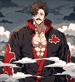 score_9,1boy, men, solo, upper body, focus male,short hair,  17 years old, dark brown hair, straight hair, baggy eyes , muscle body, red eyes, Beautiful eyes, defined body, dark colors, kimono, hayato gokudera, moustache, big muscles, akatsuki coat, black cloths with red clouds, akatsuki cloths,