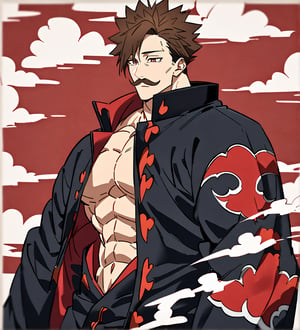 score_9,1boy, men, solo, upper body, focus male,short hair,  17 years old, dark brown hair, straight hair, baggy eyes , muscle body, red eyes, Beautiful eyes, defined body, dark colors, kimono, hayato gokudera, moustache, big muscles, akatsuki coat, black cloths with red clouds, akatsuki cloths,