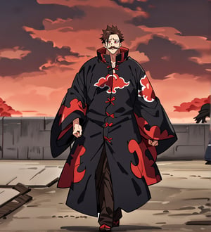 score_9,1boy, men, solo,  focus male,short hair,  dark brown hair, straight hair, baggy eyes , muscle body, red eyes, Beautiful eyes, defined body, dark colors, kimono, hayato gokudera, moustache,  akatsuki coat, black cloths with red clouds, akatsuki cloths, walking