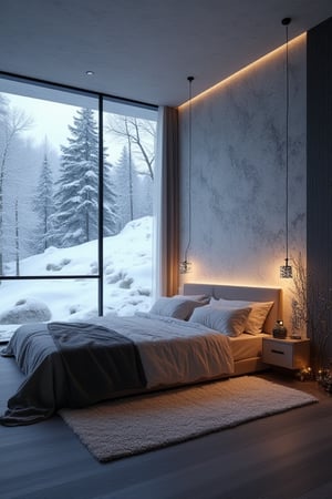 1 beauty girl lying in bedroom, snow scene outside