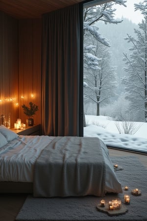 1 beauty girl lying in bedroom, snow scene outside