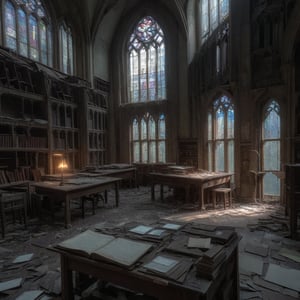 old abandoned library, two levels, dirty stained glass windows, light shaft illuminating long table with old book opened on top