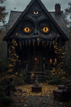 A dark fantasy scene of a monstrous house with twisted walls and windows, incorporating golden flowers that emit an eerie glow. Golden vines snake out from the house, pulling in innocent people as they struggle against the chaotic force. The house’s maw-like entrance is wide open, swallowing those caught in its grasp. The scene is filled with total mess and chaos, with overturned furniture, scattered debris, and terrified expressions. The golden flowers glow eerily, casting shadows across the scene, contrasting against the dark, overcast atmosphere, adding to the unsettling and nightmarish feel,Monster House,QuantumDynasty,Fantasy detailers 