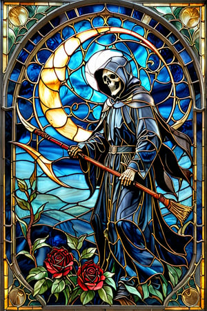 A stunning stained glass artwork. At its center, there's a grim reaper with intricately scythe, set against a deep blue backdrop. Crescent moon overhead, black robes, ((black roses)) 