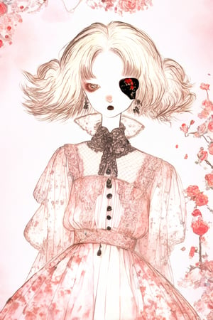 maximum Kitsch and chaos shoujyo manga style,
1goth girl,sickness, ultra cute Harajuku Style grunge fashion, somber black fairy Lolita themes, albino demon girl,(pure white Extreme long hair),(red sclera;1.2),luxury mesh fishnet blouse,dal-1,ct-niji2, watercolor \(medium\), black heart shaped eye patch, elegant, amano style, 