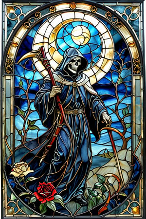 A stunning stained glass artwork. At its center, there's a grim reaper with intricately scythe, set against a deep blue backdrop. Crescent moon overhead, black robes, black roses underfoot