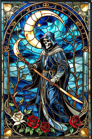 A stunning stained glass artwork. At its center, there's a grim reaper with intricately scythe, set against a deep blue backdrop. Crescent moon overhead, black robes, ((black roses)) 