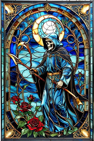 A stunning stained glass artwork. At its center, there's a grim reaper with intricately scythe, set against a deep blue backdrop. Crescent moon overhead, black robes, ((black roses)) 