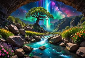 Realistic photograph of  the River of Eternity, an awesome cosmic Aurora nebula starfall river meandering through the fantastical Cavern of Luminous Wonder, filled with life,captured with a Canon EOS R6 Mark II and a 35mm f/2.8 lens, natural light. Crystalline flowers grow alongside iridescent gemstone boulders, surrounded by vibrant multi-colored flowers and tall grass, as a huge waterfall spews forth a column of multicolored light, and the Tree of Life glows in the center, the life-apples (the fruit of ambrosia) glimmers between the leaves. The river is filled with cosmic Aurora nebula starfall, the literal River of stars flowing from the Tree of Life. Emphasize the many gemstone boulders, amethyst, sapphire, topaz, ruby, and emerald, the gemstones glow and deliver serene radiance to the cavern in this vibrant nightshot, dark HDR skyline. gorgeous landscape photography, aesthetic stellar photography, vivacious, captivating and enigmatic, artistic and elegant, very detailed, high resolution digital photography, soft illumination, backlighting, professional color grading, perfectly clear, fireflies swarming in the distance