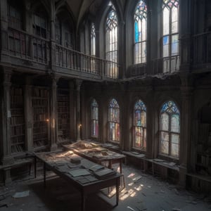 old abandoned library, two levels, dirty stained glass windows, light shaft illuminating long table with old book opened on top