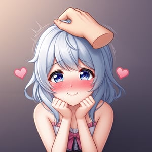 cute girl, shy smile, headpat, blushing, pov hands, head pat, heart emote