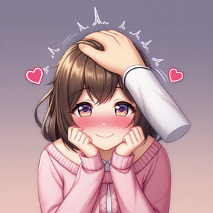 cute girl, shy smile, headpat, blushing, pov hands, head pat, heart emote