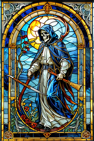 A stunning stained glass artwork. At its center, there's a grim reaper with intricately scythe, set against a deep blue backdrop.