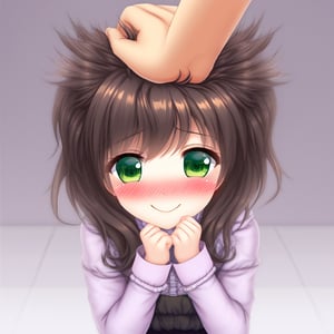 cute girl, shy smile, headpat, blushing, pov hands, head pat, 