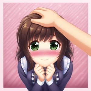 cute girl, shy smile, headpat, blushing, pov hands, head pat, 