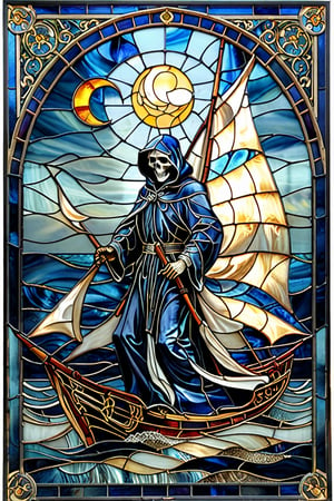 A stunning stained glass artwork. At its center, there's a grim reaper with intricately designed sails, set against a deep blue backdrop.