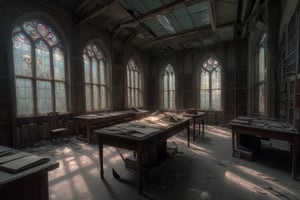 old abandoned library, two levels, dirty stained glass windows, light shaft illuminating long table with old book opened on top