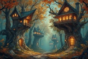 Forest settlement with tree houses atop the large autumn oaks, filigree otherwordly architecture, bright lights, smudge, splash, stain, watercolor, alphonse mucha, rococo, iridescent, whimsical, hd fine art, concept art, fantasy art, unreal engine, colorful, intricate, elaborate, volumetric lighting, 8K, ultra hd, realistic, vivid colors, highly detailed, UHD drawing, pen and ink, perfect composition, beautiful detailed intricate insanely detailed octane render trending on artstation, 8k artistic photography, photorealistic concept art, soft natural volumetric cinematic perfect light, perfect composition, beautiful detailed intricate insanely detailed octane render trending on artstation, 8 k artistic photography, photorealistic concept art, soft natural volumetric cinematic perfect light
