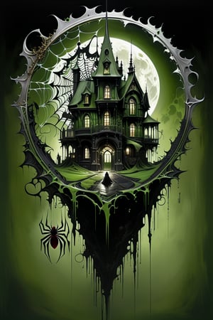 Ultra-wide-angle, photorealistic medieval gothic steam punk shot of an exciting fusion between Spawn and (((A creepy house, spiderweb and a large spider))) in a new character that embodies elements of both, (((spiderwebs))), silver mechanical gears in the background, people, see. Black and Olive green, light, green and red, ink Flow - 8k Resolution Photorealistic Masterpiece - by Aaron Horkey and Jeremy Mann - Intricately Detailed. fluid gouache painting: by Jean Baptiste Mongue: calligraphy: acrylic: colorful watercolor, cinematic lighting, maximalist photoillustration: by marton bobzert: 8k resolution concept art, intricately detailed realism, complex, elegant, expansive, fantastical and psychedelic, dripping paint , in the chasm of the empire estate, night, the moon, buildings, reflections, wings, and other elements need to stay in frame,(isolate object)