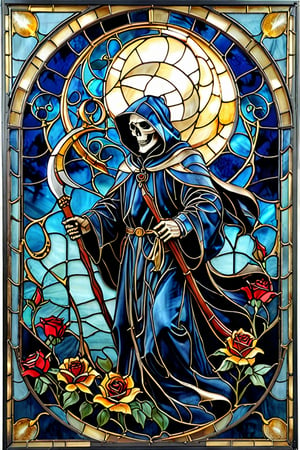 A stunning stained glass artwork. At its center, there's a grim reaper with intricately scythe, set against a deep blue backdrop. Crescent moon overhead, black robes, ((black roses)) 