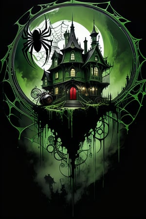 Ultra-wide-angle, photorealistic medieval gothic steam punk shot of an exciting fusion between Spawn and (((A creepy house, spiderweb and a large spider))) in a new character that embodies elements of both, (((spiderwebs))), silver mechanical gears in the background, people, see. Black and Olive green, light, green and red, ink Flow - 8k Resolution Photorealistic Masterpiece - by Aaron Horkey and Jeremy Mann - Intricately Detailed. fluid gouache painting: by Jean Baptiste Mongue: calligraphy: acrylic: colorful watercolor, cinematic lighting, maximalist photoillustration: by marton bobzert: 8k resolution concept art, intricately detailed realism, complex, elegant, expansive, fantastical and psychedelic, dripping paint , in the chasm of the empire estate, night, the moon, buildings, reflections, wings, and other elements need to stay in frame,(isolate object)