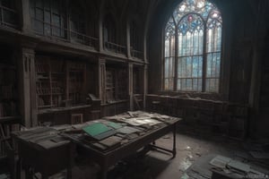 old abandoned library, two levels, dirty stained glass windows, light shaft illuminating long table with old book opened on top