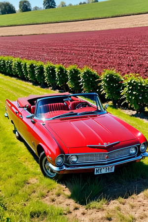 score_9, score_8_up, score_7_up, , BREAK 
Classic 60's car, cherry red, convertible, beautiful sunny day, parked in a field