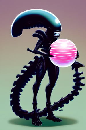 zhibi,Xenomorph, smoll cute xenomorph, holding gigantic colorful ball, pink bow around neck