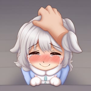 cute adorable girl, shy smile, headpat, blushing, pov hands, head pat, tears in corner of eyes