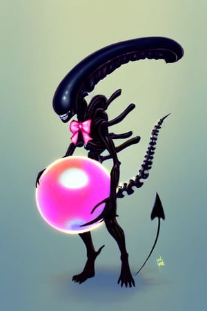 zhibi,Xenomorph, smoll cute xenomorph, holding gigantic colorful ball, pink bow around neck